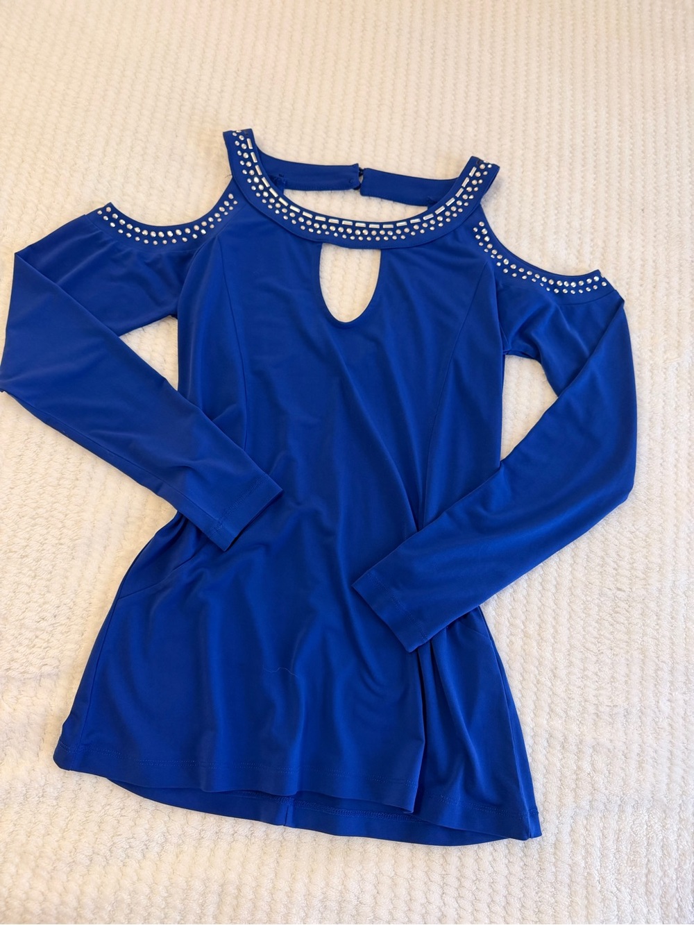 Venus Royal Blue Long-Sleeve Top with Studded Neckline And Shoulder Cutouts